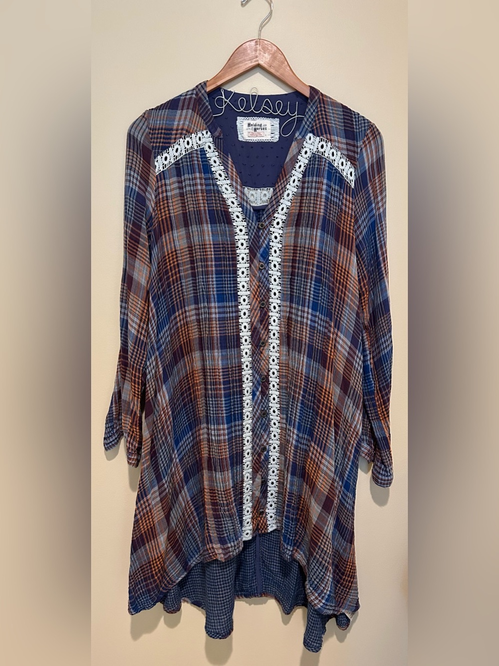 Holding Horses Anthropologie Plaid Crochet Blue Patterned Dress Size Small - Picture 1 of 8